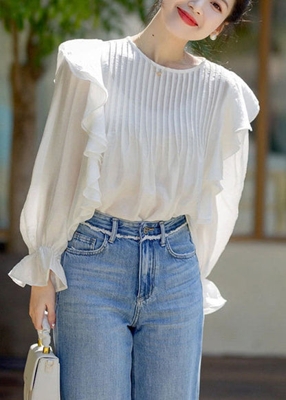 Stylish White O-Neck Ruffled Patchwork Chiffon Shirts Spring LY2658 - fabuloryshop