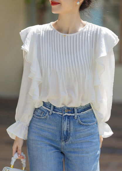 Stylish White O-Neck Ruffled Patchwork Chiffon Shirts Spring LY2658 - fabuloryshop