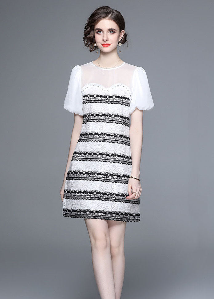 Stylish White O-Neck Zircon Tulle Patchwork Lace Mid Dress Summer LY7432 - fabuloryshop