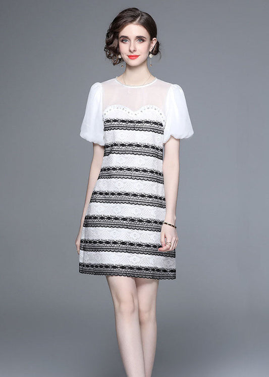 Stylish White O-Neck Zircon Tulle Patchwork Lace Mid Dress Summer LY7432 - fabuloryshop
