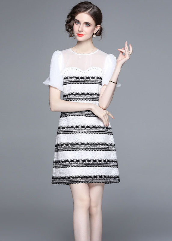 Stylish White O-Neck Zircon Tulle Patchwork Lace Mid Dress Summer LY7432 - fabuloryshop