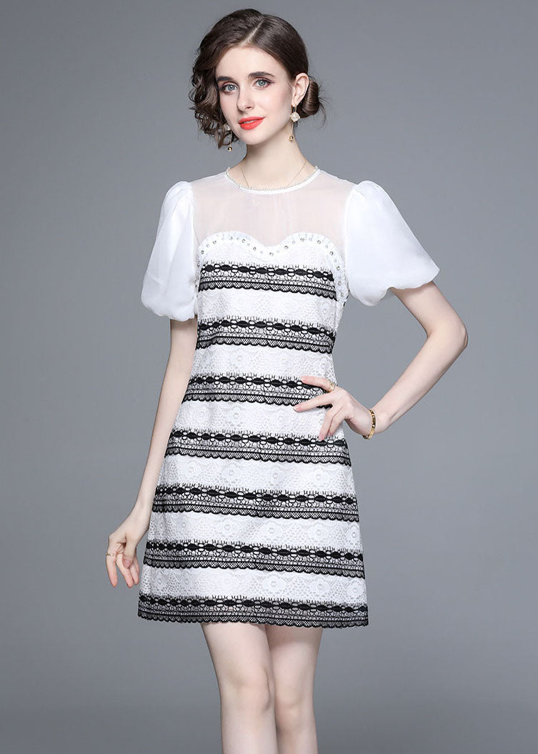 Stylish White O-Neck Zircon Tulle Patchwork Lace Mid Dress Summer LY7432 - fabuloryshop