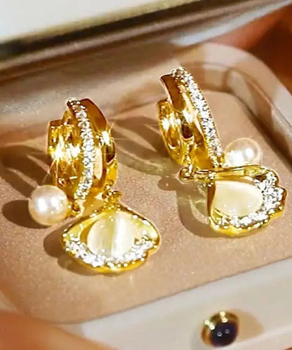 Stylish White Overgild Pearl Zircon Ginkgo Leaf Hoop Earrings Ada Fashion