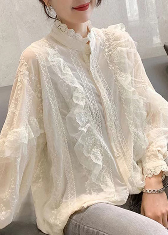 Stylish White Ruffled Button Patchwork Lace Shirts Top Fall Ada Fashion