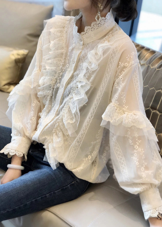 Stylish White Ruffled Button Patchwork Lace Shirts Top Fall Ada Fashion