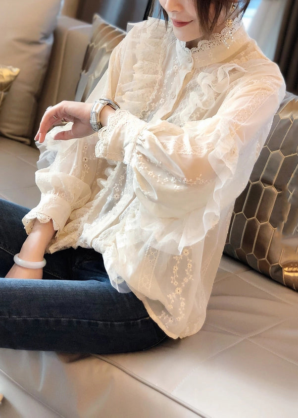 Stylish White Ruffled Button Patchwork Lace Shirts Top Fall Ada Fashion