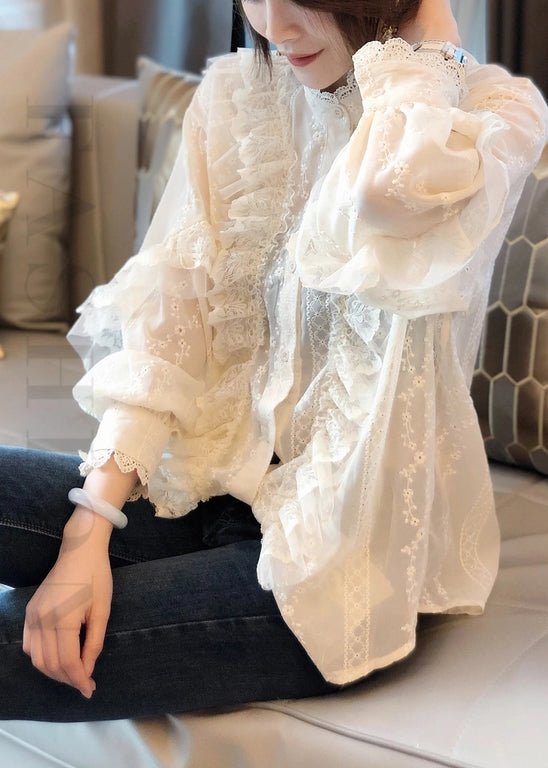 Stylish White Ruffled Button Patchwork Lace Shirts Top Fall Ada Fashion