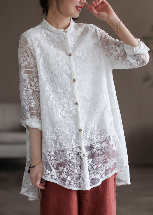 Stylish White Stand Collar Embroideried Patchwork Lace Shirt Tops Long Sleeve LY6195 - fabuloryshop