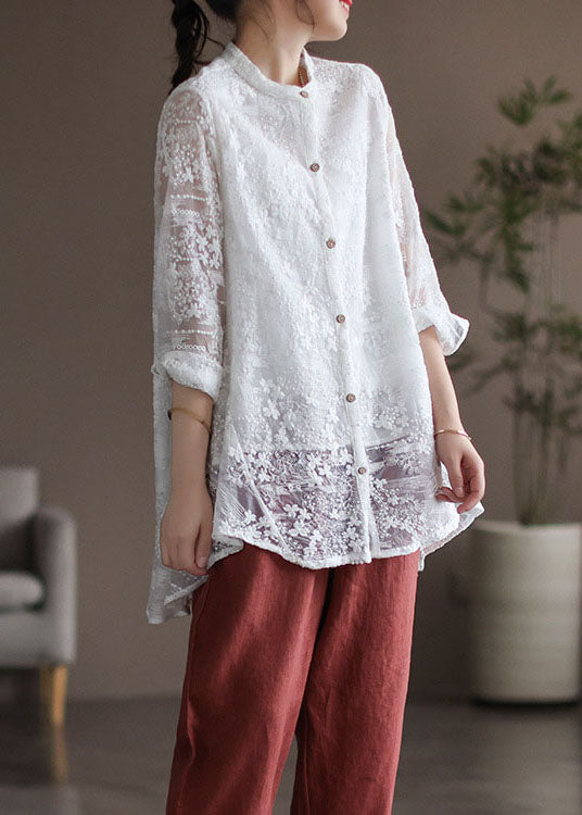 Stylish White Stand Collar Embroideried Patchwork Lace Shirt Tops Long Sleeve LY6195 - fabuloryshop