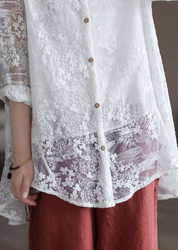 Stylish White Stand Collar Embroideried Patchwork Lace Shirt Tops Long Sleeve LY6195 - fabuloryshop