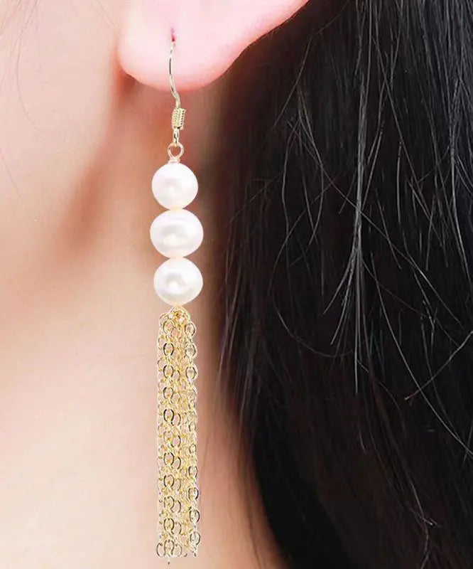 Stylish White Sterling Silver Overgild Pearl Tassel Drop Earrings Ada Fashion