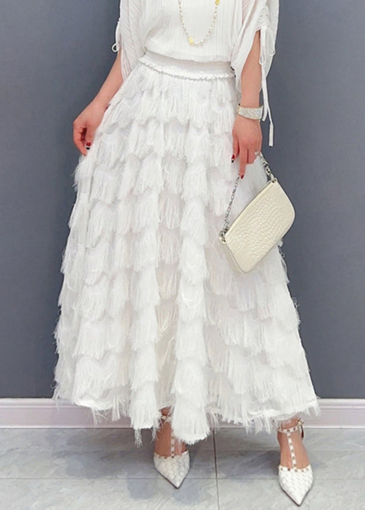 Stylish White Tassel Elastic Waist Maxi Skirt Spring LC0309 - fabuloryshop