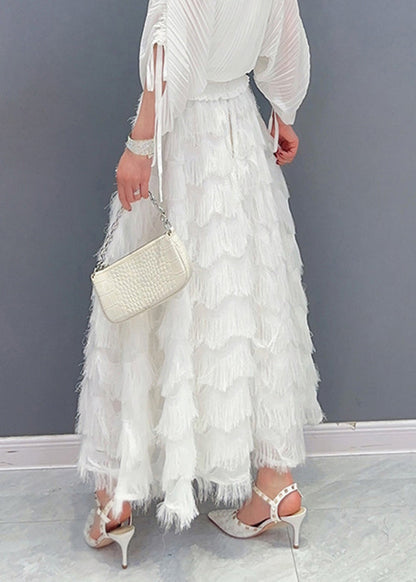 Stylish White Tassel Elastic Waist Maxi Skirt Spring LC0309 - fabuloryshop