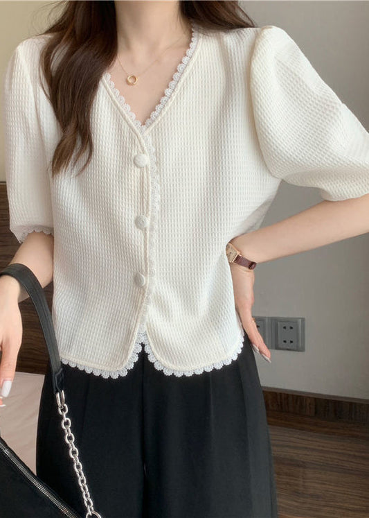 Stylish White V Neck Lace Patchwork Cotton Shirt Puff Sleeve LY2637 - fabuloryshop