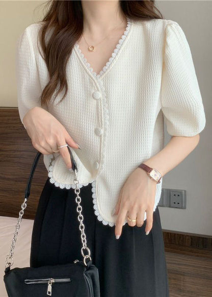 Stylish White V Neck Lace Patchwork Cotton Shirt Puff Sleeve LY2637 - fabuloryshop