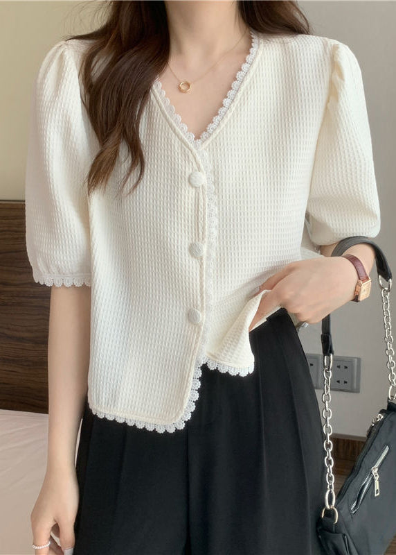 Stylish White V Neck Lace Patchwork Cotton Shirt Puff Sleeve LY2637 - fabuloryshop