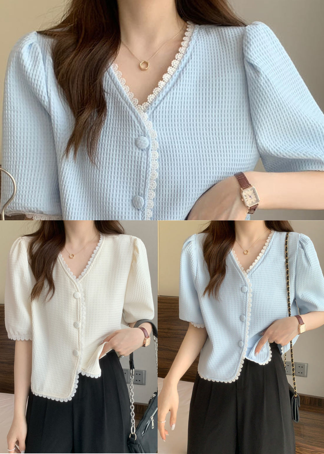 Stylish White V Neck Lace Patchwork Cotton Shirt Puff Sleeve LY2637 - fabuloryshop