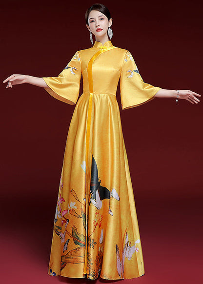 Stylish Yellow Button Print Patchwork Silk Long Dresses Fall Ada Fashion