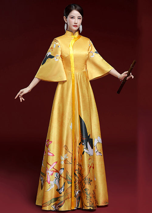 Stylish Yellow Button Print Patchwork Silk Long Dresses Fall Ada Fashion