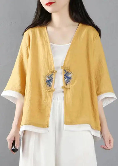 Stylish Yellow Embroideried Patchwork Cotton Tops Coats Summer Ada Fashion