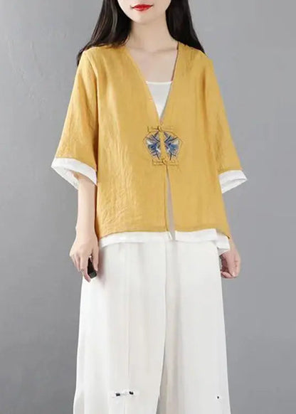 Stylish Yellow Embroideried Patchwork Cotton Tops Coats Summer Ada Fashion