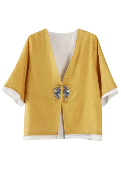 Stylish Yellow Embroideried Patchwork Cotton Tops Coats Summer Ada Fashion