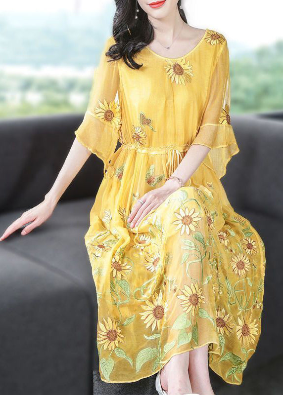 Stylish Yellow Embroideried Silk Cinched Dress Flare Sleeve LY0960 - fabuloryshop