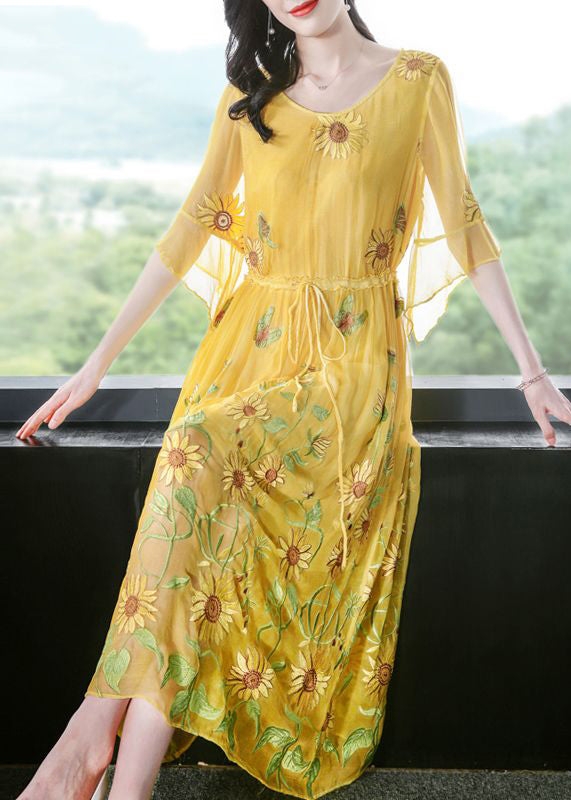 Stylish Yellow Embroideried Silk Cinched Dress Flare Sleeve LY0960 - fabuloryshop