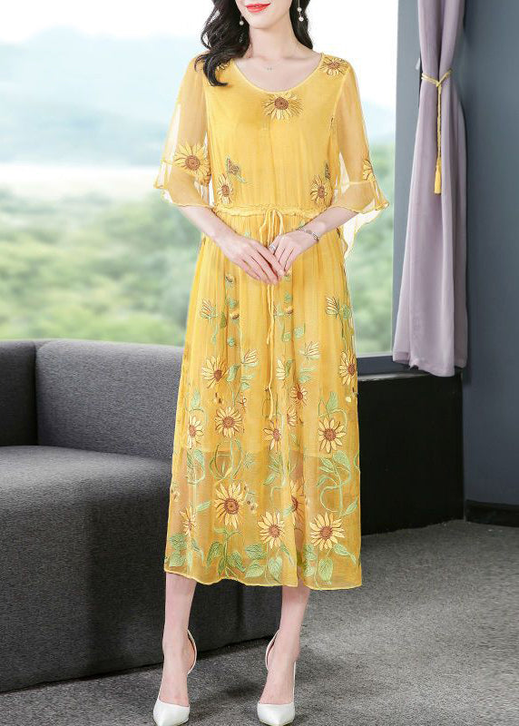 Stylish Yellow Embroideried Silk Cinched Dress Flare Sleeve LY0960 - fabuloryshop