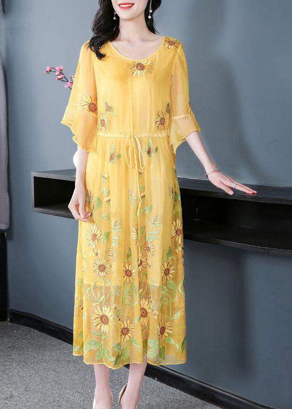 Stylish Yellow Embroideried Silk Cinched Dress Flare Sleeve LY0960 - fabuloryshop