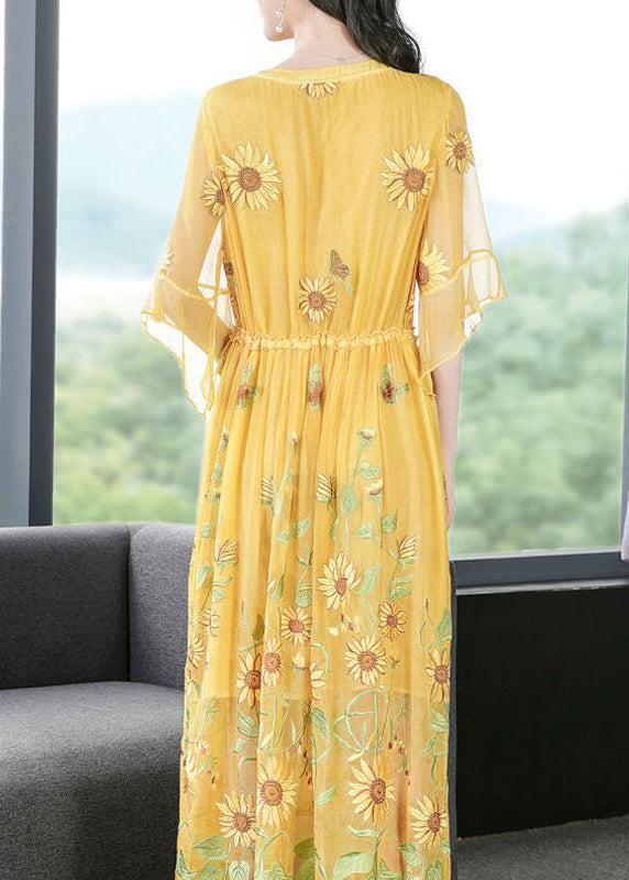 Stylish Yellow Embroideried Silk Cinched Dress Flare Sleeve LY0960 - fabuloryshop