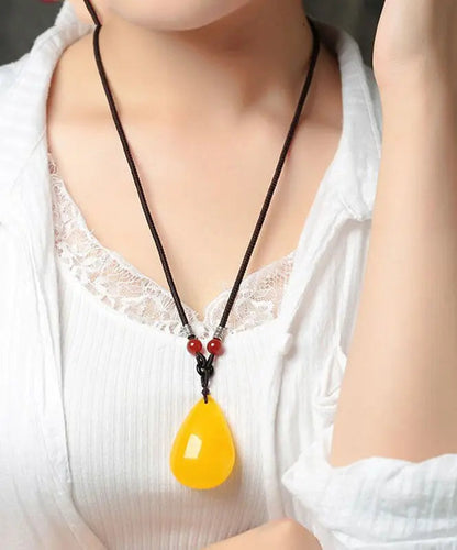 Stylish Yellow Hand Knitting Beeswax Water Drop Pendant Necklace Ada Fashion