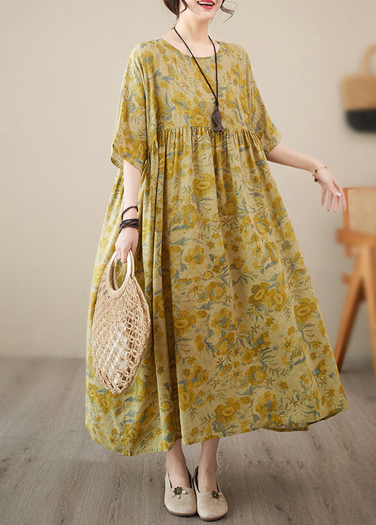 Stylish Yellow O-Neck Print Chiffon Vacation Long Dress Short Sleeve LY6089 - fabuloryshop