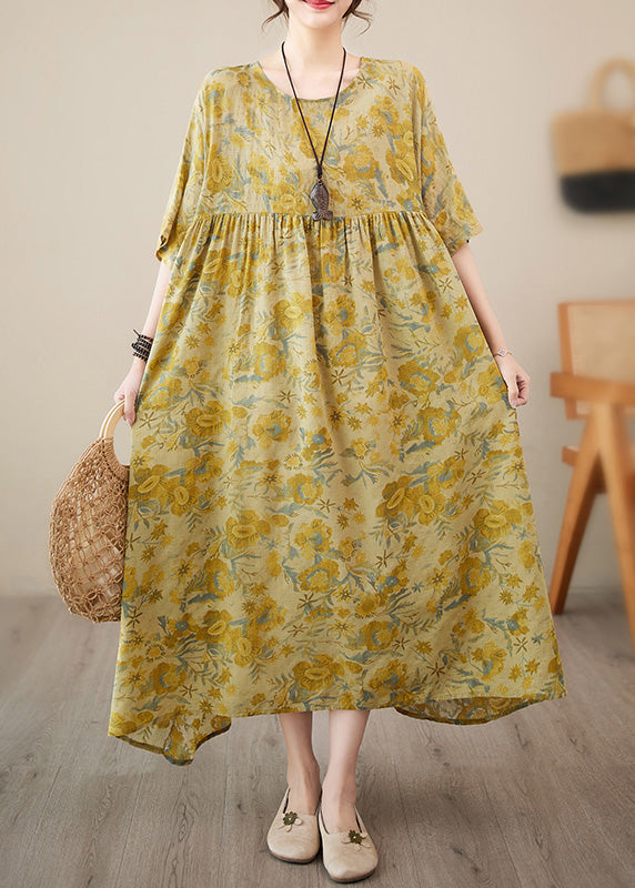 Stylish Yellow O-Neck Print Chiffon Vacation Long Dress Short Sleeve LY6089 - fabuloryshop