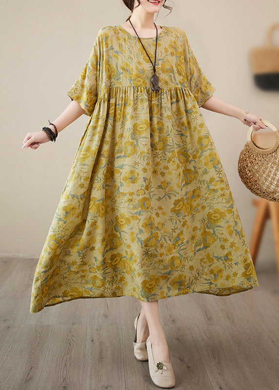 Stylish Yellow O-Neck Print Chiffon Vacation Long Dress Short Sleeve LY6089 - fabuloryshop