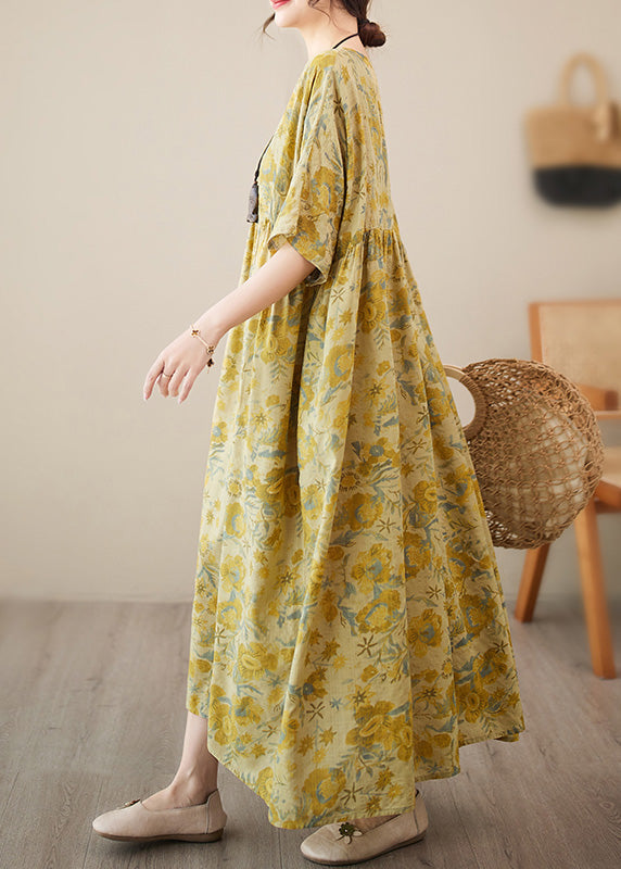 Stylish Yellow O-Neck Print Chiffon Vacation Long Dress Short Sleeve LY6089 - fabuloryshop