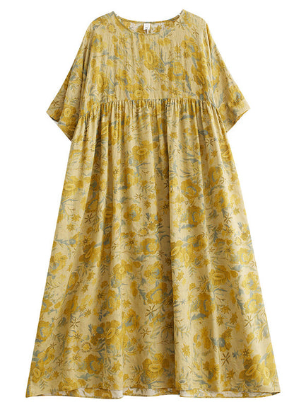 Stylish Yellow O-Neck Print Chiffon Vacation Long Dress Short Sleeve LY6089 - fabuloryshop