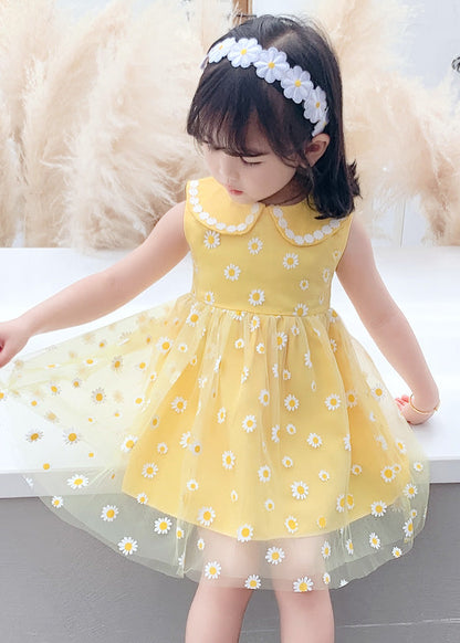 Stylish Yellow Patchwork Tulle Kids Long Dresses Sleeveless LY6442 - fabuloryshop