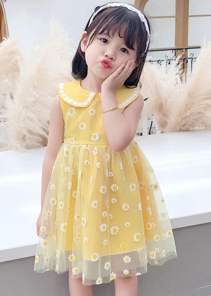 Stylish Yellow Patchwork Tulle Kids Long Dresses Sleeveless LY6442 - fabuloryshop