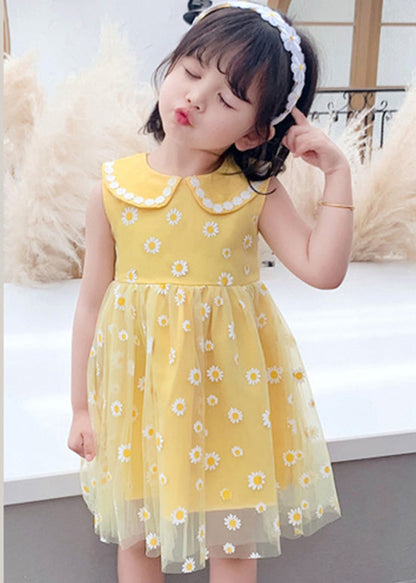 Stylish Yellow Patchwork Tulle Kids Long Dresses Sleeveless LY6442 - fabuloryshop