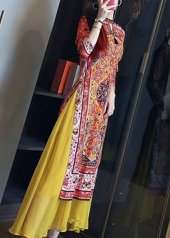 Stylish Yellow Print Patchwork Side Open Silk Dress Spring LY1676 - fabuloryshop