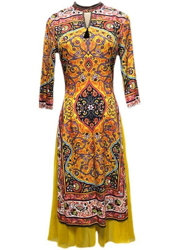 Stylish Yellow Print Patchwork Side Open Silk Dress Spring LY1676 - fabuloryshop