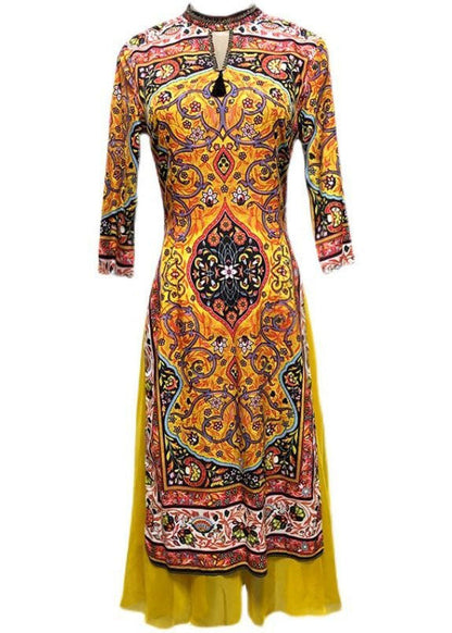 Stylish Yellow Print Patchwork Side Open Silk Dress Spring LY1676 - fabuloryshop