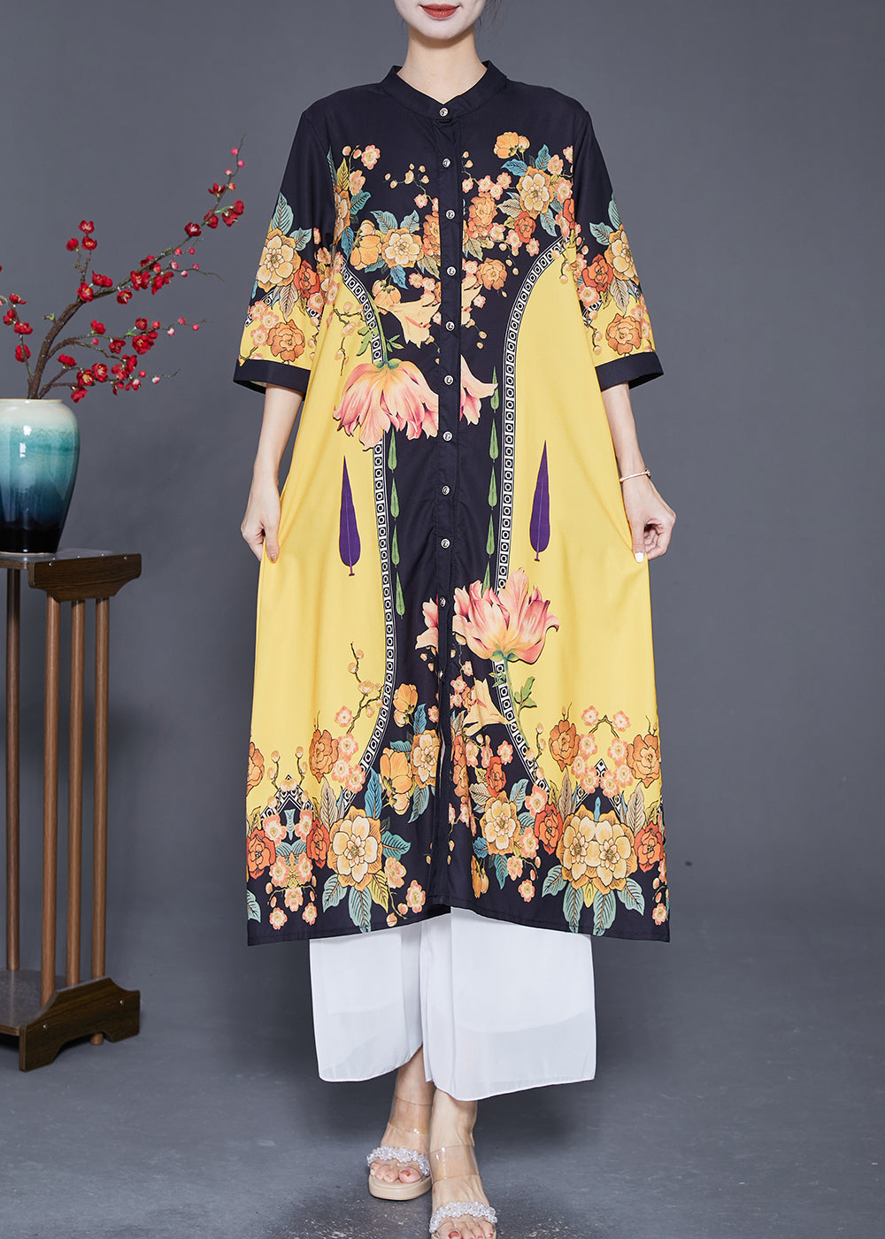 Stylish Yellow Print Stand Collar Silk Shirt Dresses Summer Ada Fashion