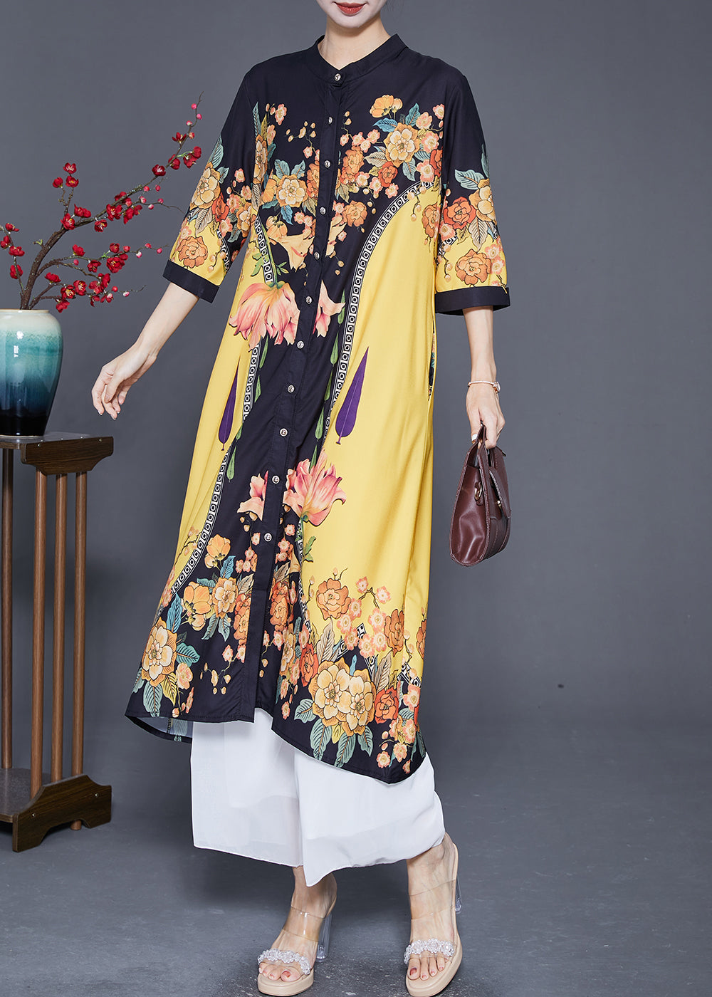 Stylish Yellow Print Stand Collar Silk Shirt Dresses Summer Ada Fashion