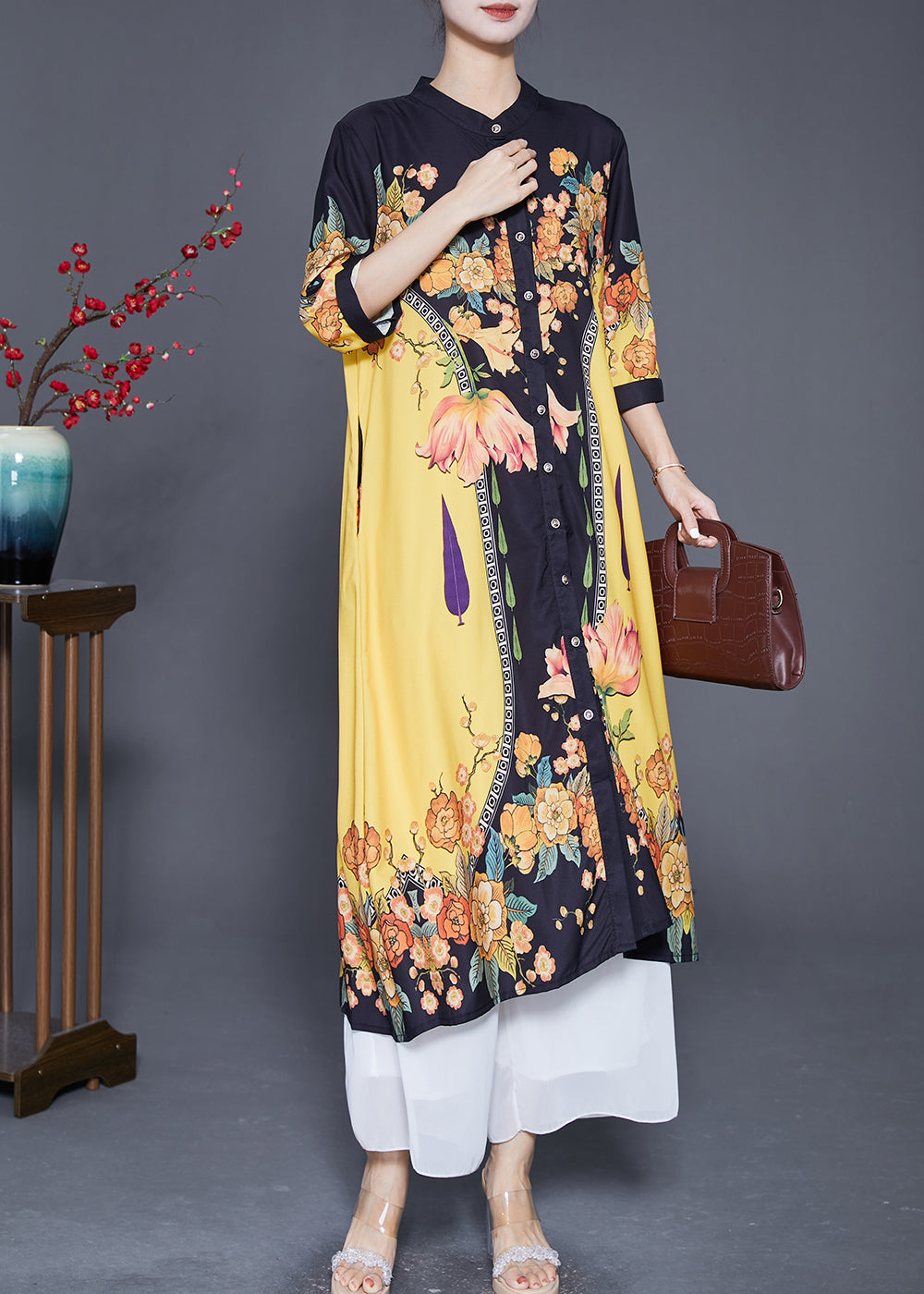 Stylish Yellow Print Stand Collar Silk Shirt Dresses Summer Ada Fashion