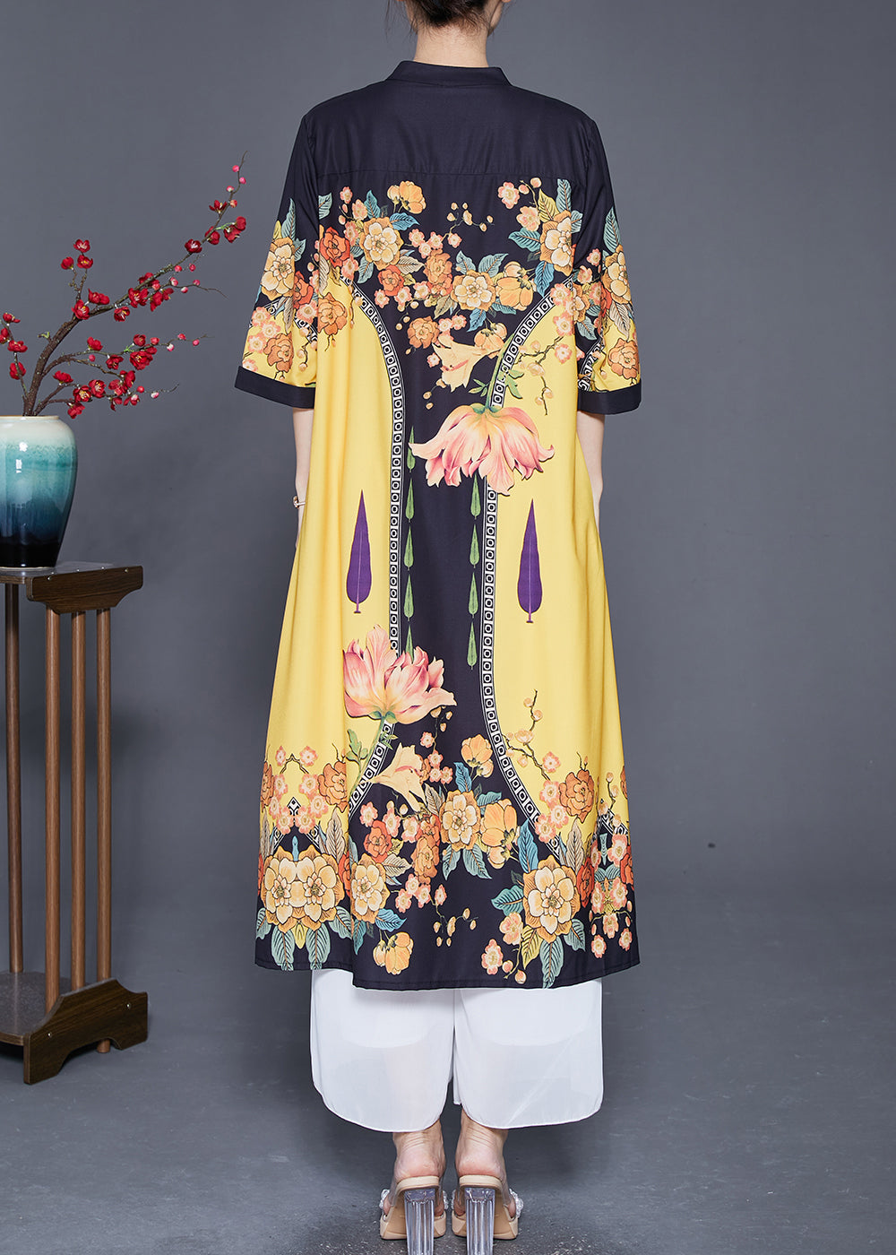 Stylish Yellow Print Stand Collar Silk Shirt Dresses Summer Ada Fashion