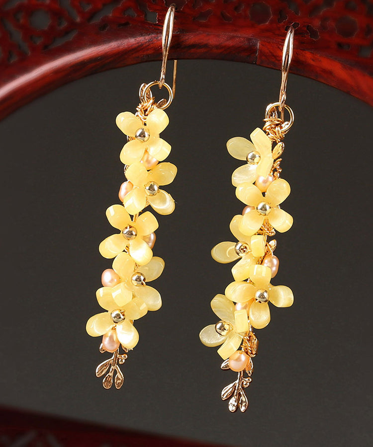 Stylish Yellow Sterling Silver Pearl Floral Drop Earrings LY2268 - fabuloryshop