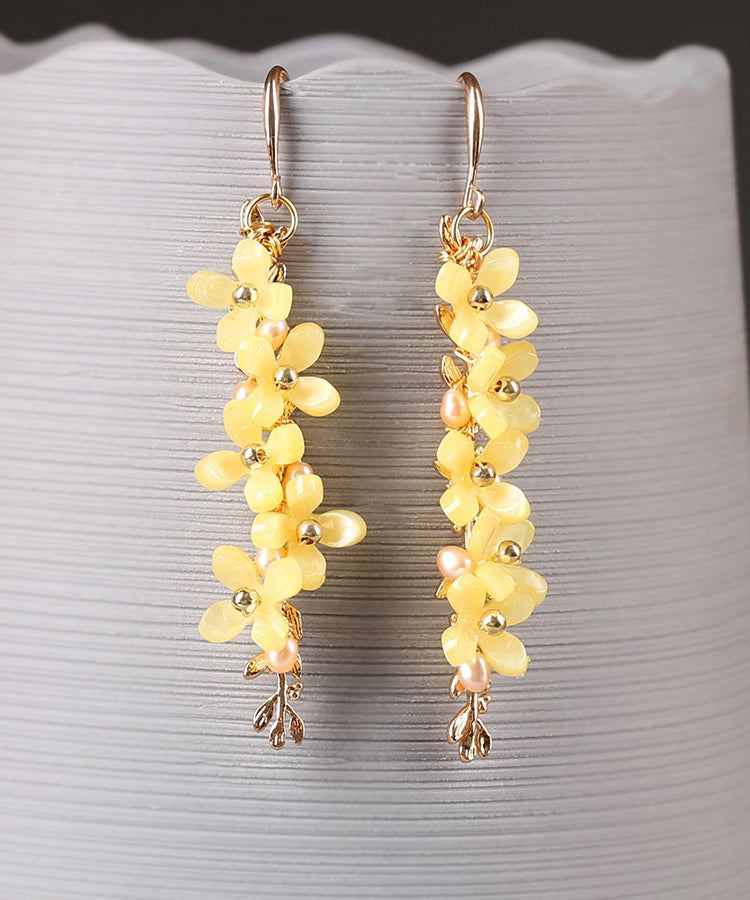 Stylish Yellow Sterling Silver Pearl Floral Drop Earrings LY2268 - fabuloryshop