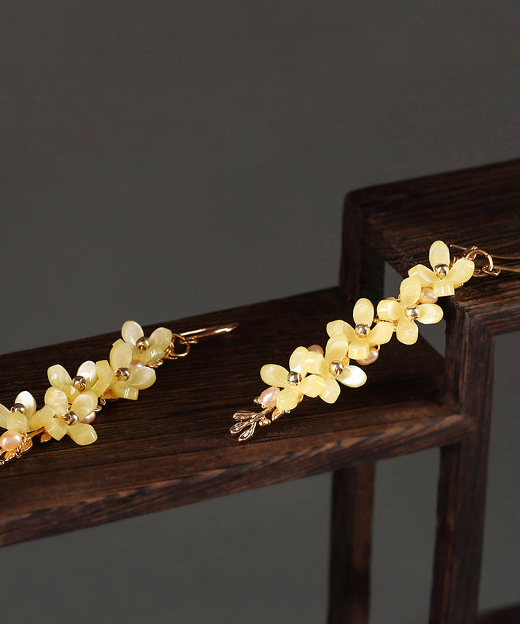 Stylish Yellow Sterling Silver Pearl Floral Drop Earrings LY2268 - fabuloryshop